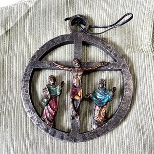 Circular Bronze and Enamel Round Wall Religious Crucifix by Joan Mayne Spain